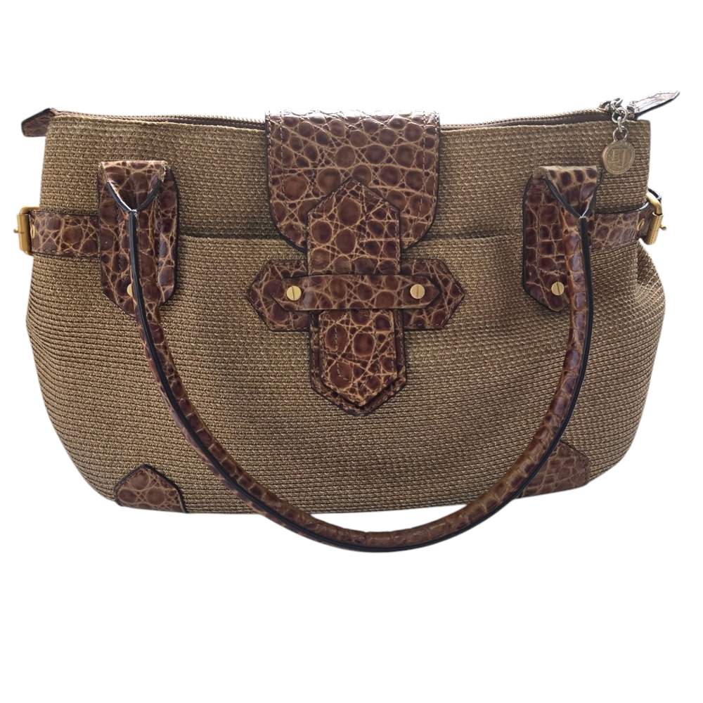 Eric Javits Woven Straw Croc Embossed Leather Trim Shoulder Bag Satchel - Picture 5 of 12